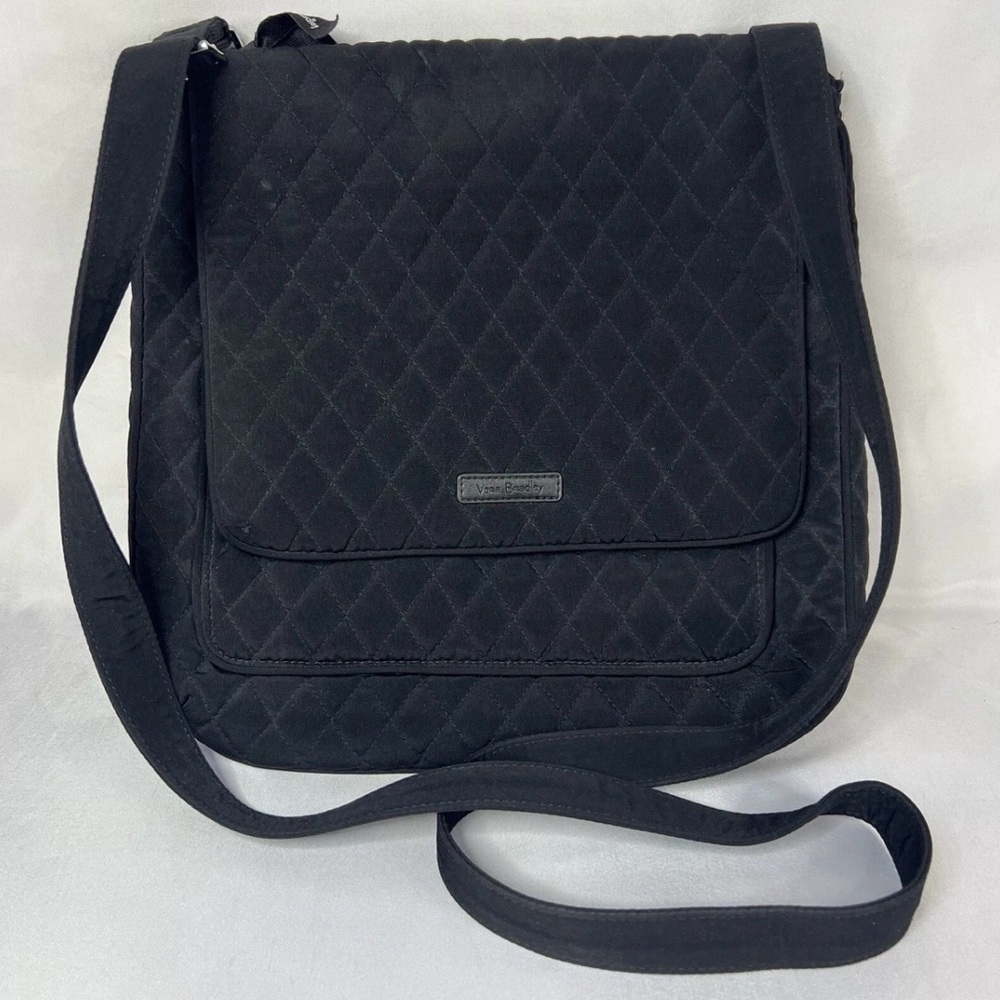 Vera Bradley Solid Black Messenger Handbag polka dot interior EUC